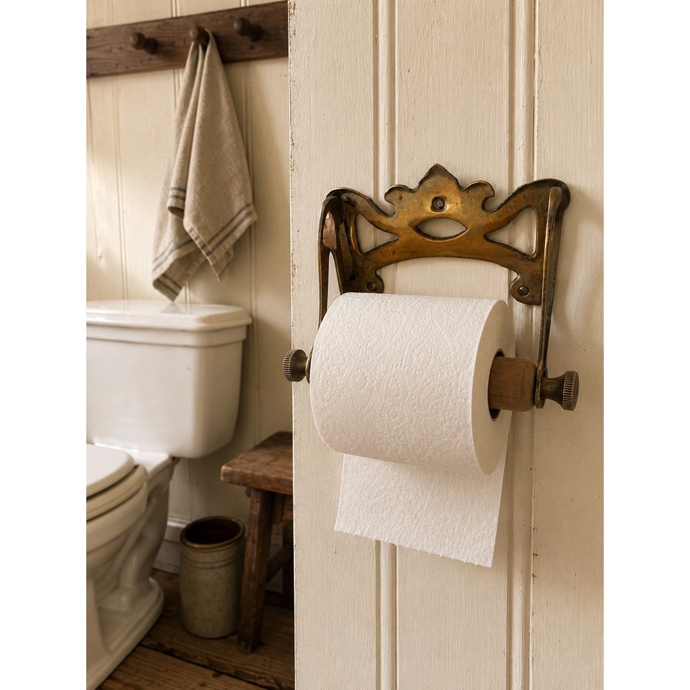 Vintage Ornate Brass Toilet Paper Holder Wall Mount Wood Roller Victorian Style